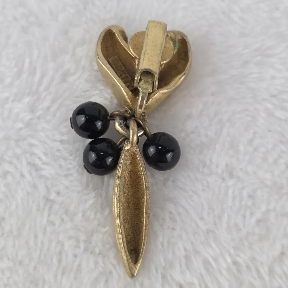 Vintage Black Bead Gold Tone Leaf Dangle Clip On Earrings 1.75